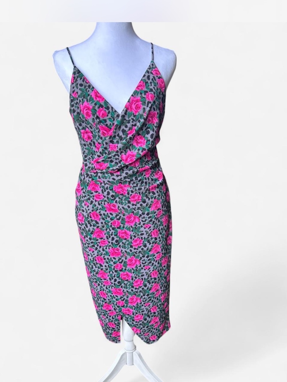 Y2K Betsey Johnson midi dress Rose & Leopard Print Cowl Neck Midi Dress Vintage